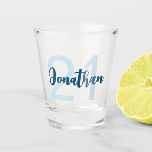 Personalized 21st Birthday Blue Script For Him Shot Glass