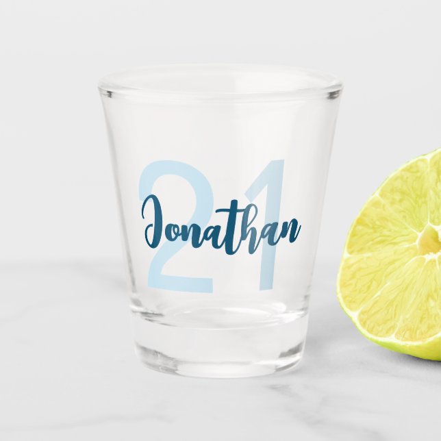 Personalized 21st Birthday Blue Script For Him Shot Glass (Front)