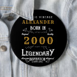 Personalized 21st Birthday Born 2000 Vintage Black 6 Inch Round Button<br><div class="desc">A personalized huge button / pin badge for that birthday person born in 2000 and turning 21. Add the name to this vintage retro style black, white and gold design for a custom 21st birthday gift. Easily edit the name and year with the template provided. A wonderful custom black birthday...</div>