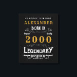 Personalized 21st Birthday Born 2000 Vintage Black Canvas Print<br><div class="desc">A personalized classic wall canvas for that special birthday person born in 2000 and turning 21. Add the name to this vintage retro style black, white and gold design for a custom 21st birthday gift. Easily edit the name and year with the template provided. A wonderful custom black birthday gift....</div>