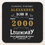 Personalized 21st Birthday Born 2000 Vintage Black Square Paper Coaster<br><div class="desc">A personalized classic paper coaster design for that birthday celebration for somebody born in 2000 and turning 21. Add the name to this vintage retro style black, white and gold design for a custom 21st birthday gift. Easily edit the name and year with the template provided. A wonderful custom black...</div>