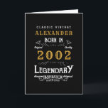 Personalized 21st Birthday Born 2002 Vintage Black Card<br><div class="desc">A personalized classic card for that celebration class for someone born in 2002 and turning 21. Add the name to this vintage retro style black, white and gold design for a custom birthday greeting card. Easily edit the name and year with the template provided. The Wonderful custom gift. More gifts...</div>