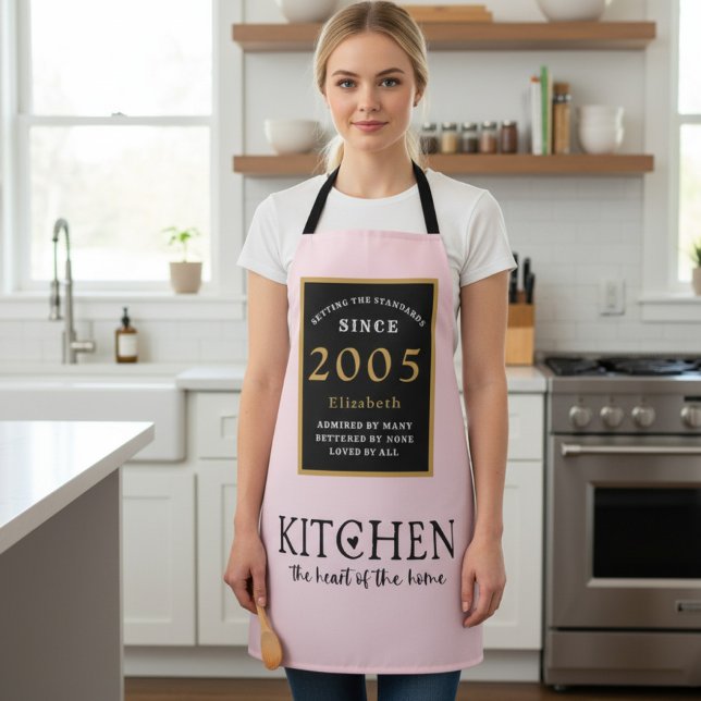 Personalized 21st Birthday Cook Chef Baker Pink Apron (2005 pink birthday apron worn in a kitchen)