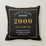 Personalized 21st Birthday Elegant Chic Black Throw Pillow<br><div class="desc">For those born in 2000 and celebrating their 21st birthday we have the ideal surprise birthday party throw pillow gift. The black background with a white and gold design is simple and yet elegant. Easily customize the text to the front and the interior of these party supplies using the template...</div>