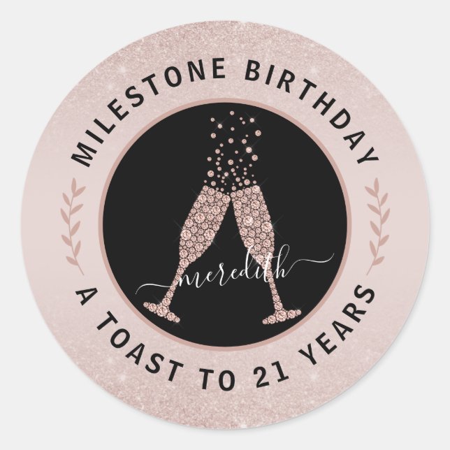Personalized 21st Birthday Glitter Champagne Toast Classic Round Sticker (Front)
