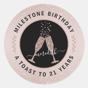 Personalized 21st Birthday Glitter Champagne Toast Classic Round Sticker
