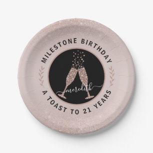 Personalized 21st Birthday Glitter Champagne Toast Paper Plate