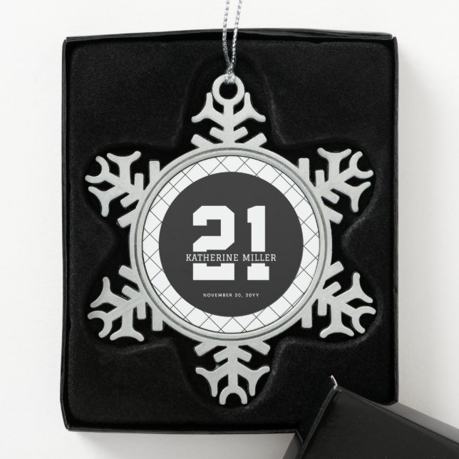 Personalized 21st Birthday Modern and Elegant   Snowflake Pewter Christmas Ornament (Box)