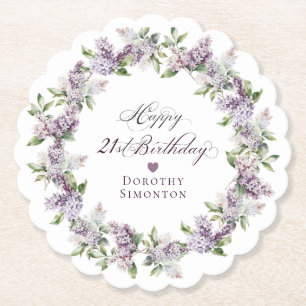 Personalized 21st Birthday Purple Lilac Flower Paper Coaster