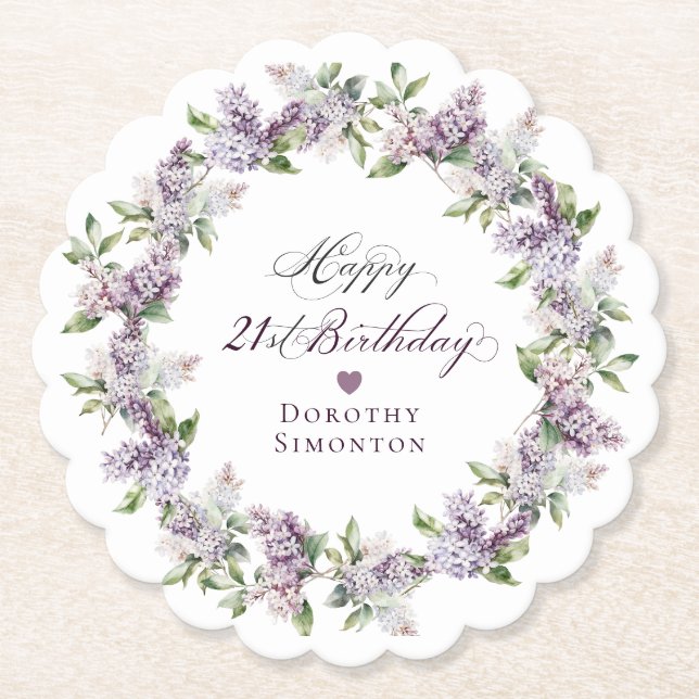 Personalized 21st Birthday Purple Lilac Flower Paper Coaster (Front)