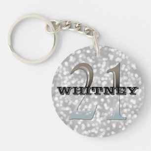 Personalized 21st Birthday   Silver Bokeh Name Keychain