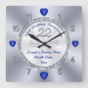 Personalized, 22 year Wedding Anniversary Gift Square Wall Clock
