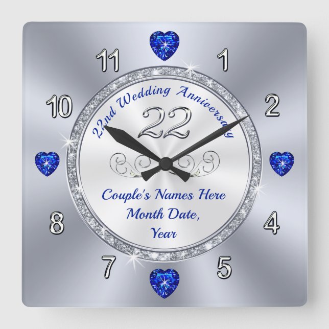 Personalized, 22 year Wedding Anniversary Gift Square Wall Clock (Front)
