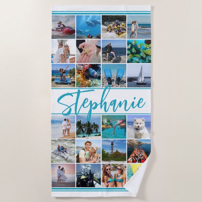 Personalized 24 Photo Collage Custom Colour Beach Towel (Front)