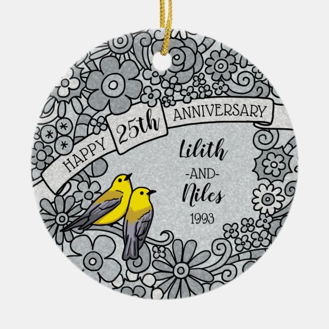 Personalized 25th Anniversary, Silver Floral Birds Ceramic Ornament (Front)