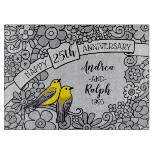Personalized 25th Anniversary, Silver Floral Birds Cutting Board