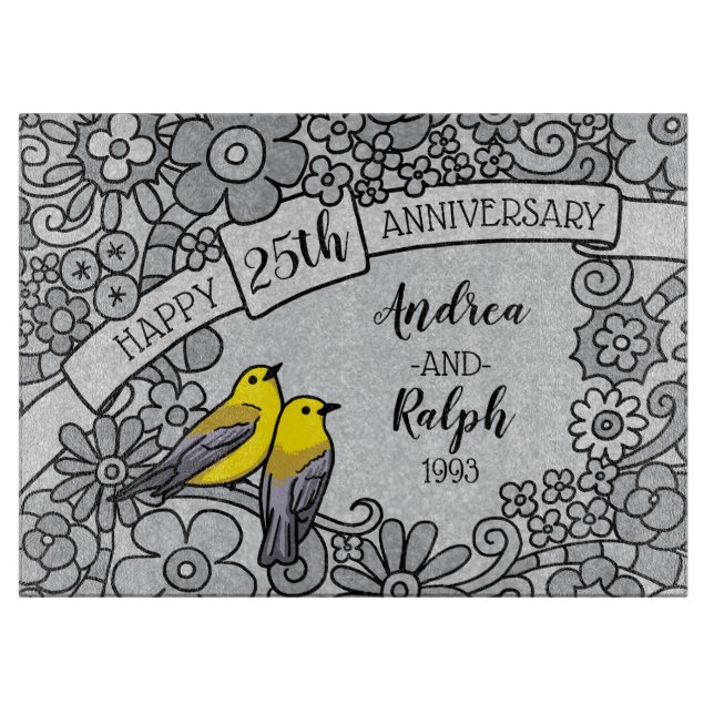 Personalized 25th Anniversary, Silver Floral Birds Cutting Board (Front)