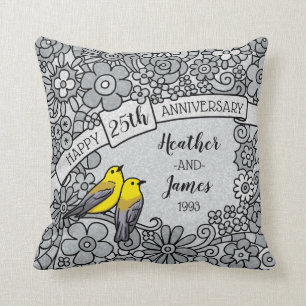Personalized 25th Anniversary, Silver Floral Birds Throw Pillow