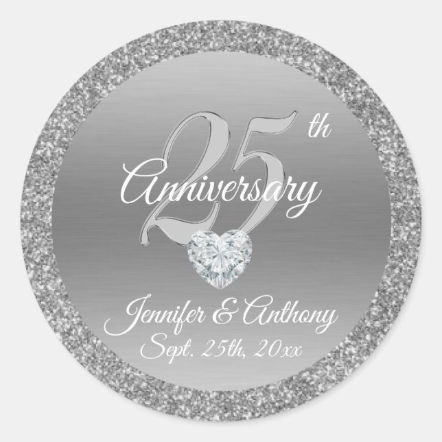 Personalized 25th Anniversary Wedding Silver Classic Round Sticker (Front)