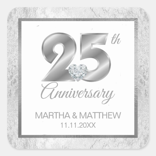 Personalized 25th Silver Wedding Anniversary Square Sticker (Front)