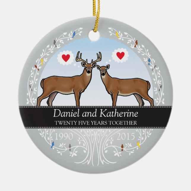 Personalized 25th Wedding Anniversary, Buck & Doe Ceramic Ornament (Front)