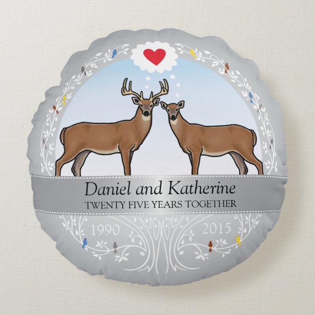 Personalized 25th Wedding Anniversary, Deer Round Pillow (Front)