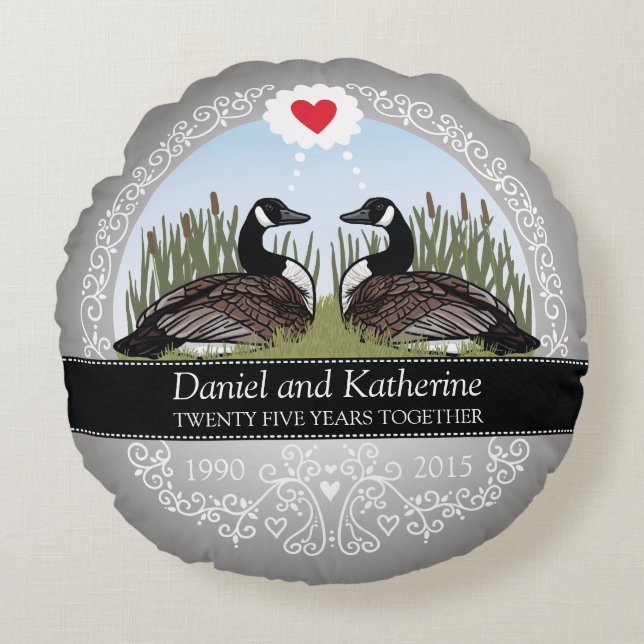 Personalized 25th Wedding Anniversary, Geese Round Pillow (Front)