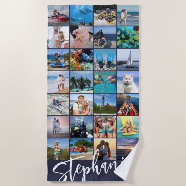 Personalized 28 Photo Collage Custom Colour Beach Towel (Front)