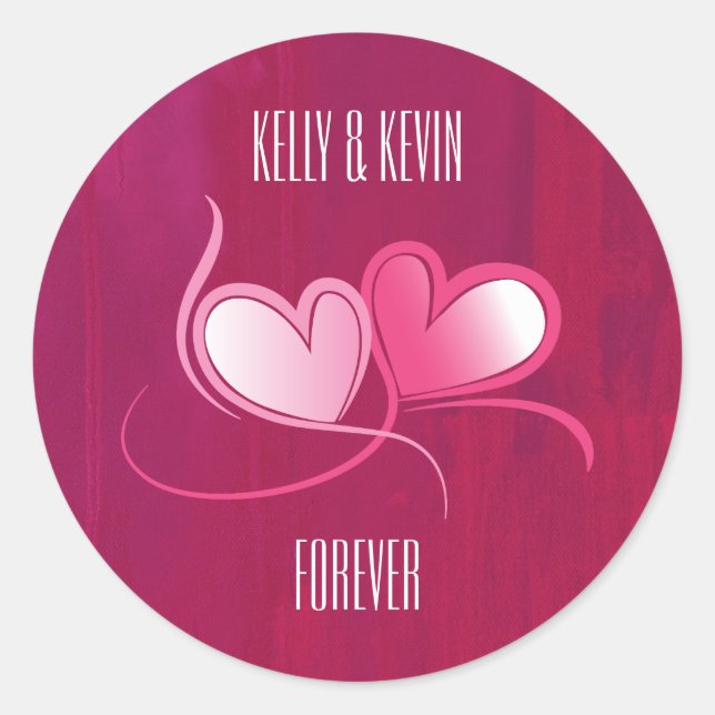 Personalized 2 Hearts Dancing on Fuschia Pink Classic Round Sticker (Front)
