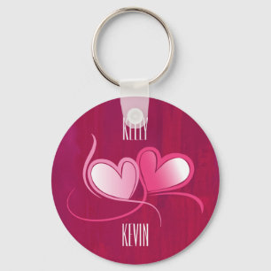 Personalized 2 Hearts Dancing on Fuschia Pink Keychain