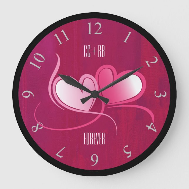 Personalized 2 Hearts on a Fuschia Pink Background Large Clock (Front)