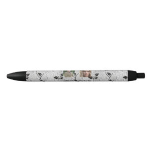 Personalized 2-Image Black & White Florals Ink Pen