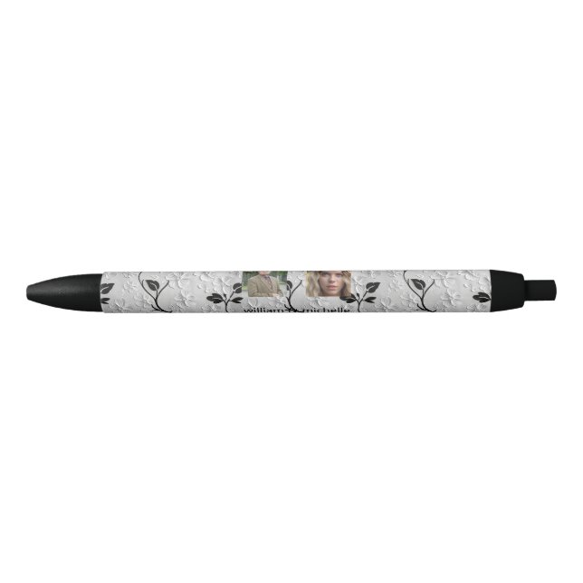 Personalized 2-Image Black & White Florals Ink Pen (Front)