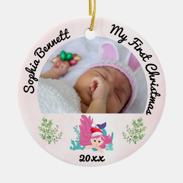 Personalized 2 Photo Babys My First Christmas 2023 Ceramic Ornament (Front)