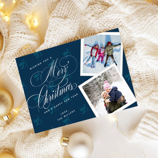 Personalized 2 Photo Collage Script Navy Blue  Holiday Card (Creator Uploaded)
