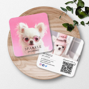 Personalized 2 Photo Dog Pet Social Media QR Code Square Business Card
