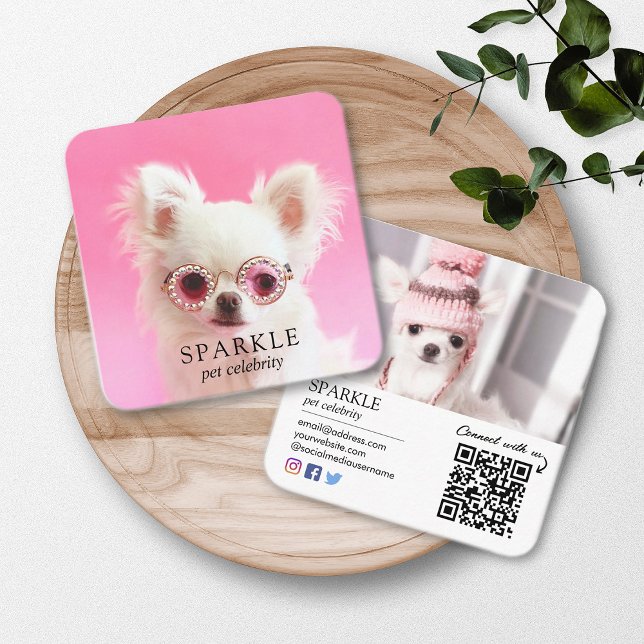 Personalized 2 Photo Dog Pet Social Media QR Code Square Business Card (Creator Uploaded)