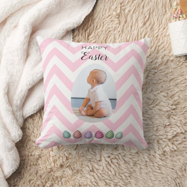 Personalized 2 Photo Easter Egg Pink Pastel  Throw Pillow (Blanket)