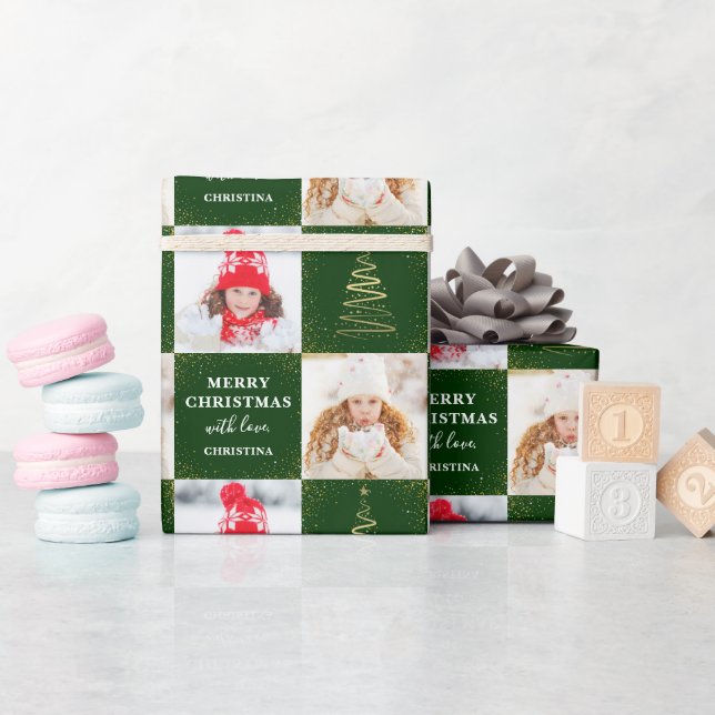 Personalized 2 Photo Green Gold Christmas Holiday Wrapping Paper (Baby Shower)