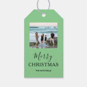 Personalized 2-photo Merry Christmas on Green Gift Tags