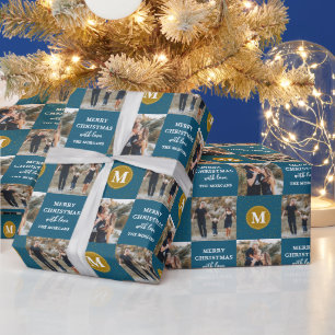 Personalized 2 Photo Monogram Blue Gold Holiday Wrapping Paper