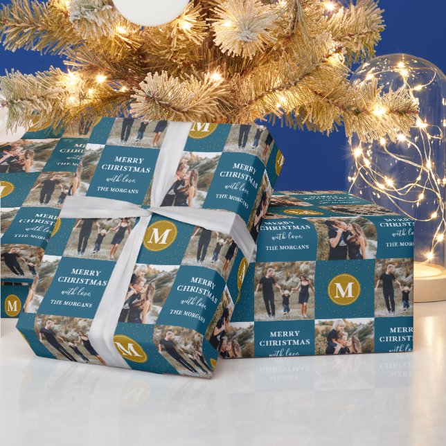 Personalized 2 Photo Monogram Blue Gold Holiday Wrapping Paper (Holidays)