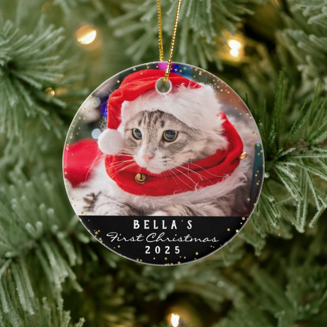 Personalized 2 Photo Pet Cat Meowy Christmas Black Ceramic Ornament (Tree)