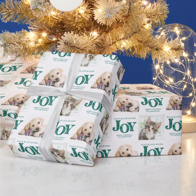 Personalized 2 Photo Pet Dog JOY Teal Holiday Gift Wrapping Paper (Holidays)