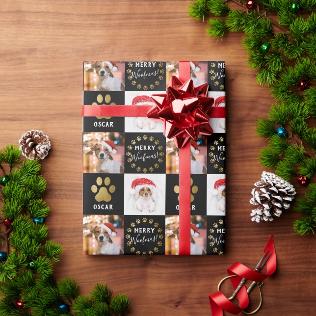 Personalized 2 Photo Pet Dog Puppy Black Gold Wrapping Paper (Holiday Gift)