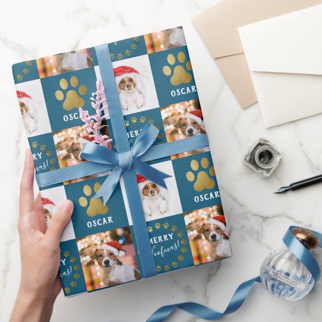 Personalized 2 Photo Pet Dog Puppy Blue Gold Paws Wrapping Paper (Gifting)