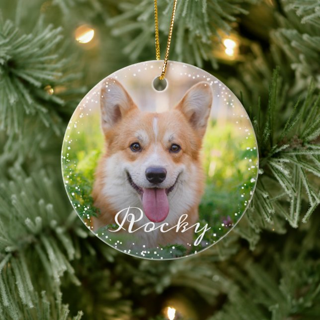 Personalized 2 Photo Pet Dog Puppy Holiday Ceramic Ornament (Tree)