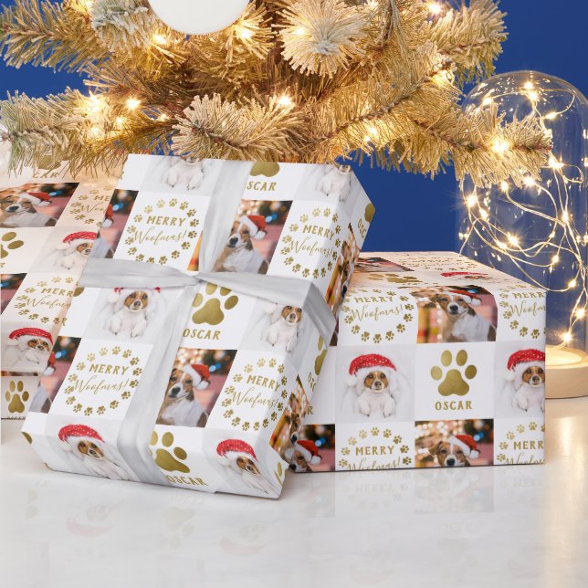 Personalized 2 Photo Pet Dog Puppy White Gold Paws Wrapping Paper (Holidays)