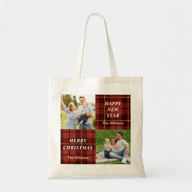 Personalized 2 Photo Tartan Pattern Plaid Holiday Tote Bag (Front)