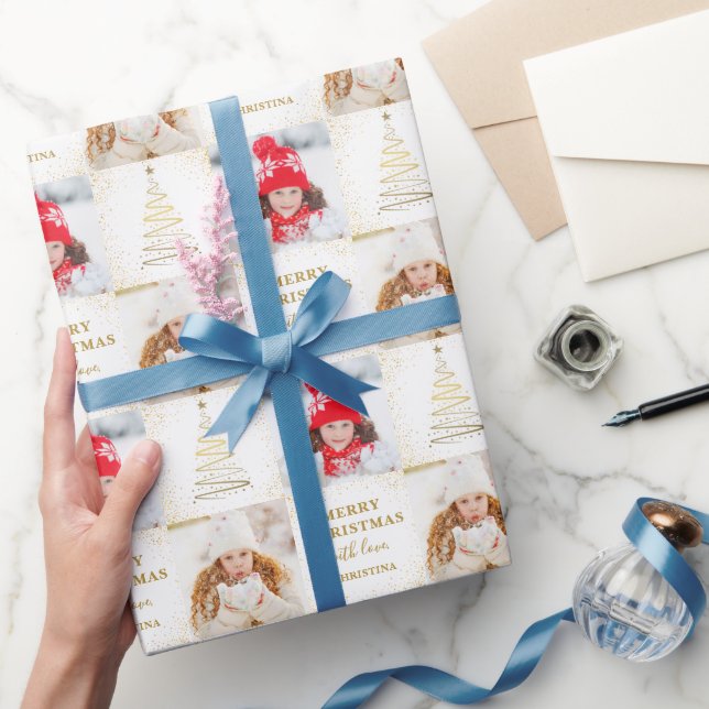 Personalized 2 Photo White Gold Christmas Holiday Wrapping Paper (Gifting)